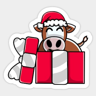 Cute Hereford Cow in Christmas Gift Sticker